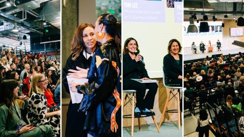 Collage of event photos from the Women's Agency Ownership Summit showing speakers, panel discussions, and attendees.